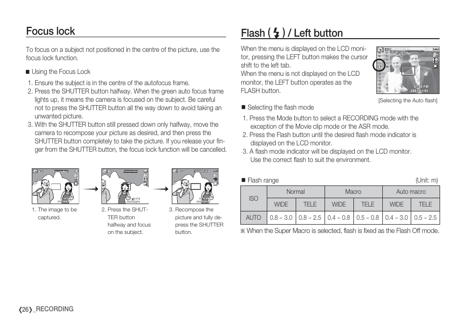 Focus lock flash ( a ) / left button | Samsung EC-S85ZZBBA-SP User Manual | Page 27 / 110