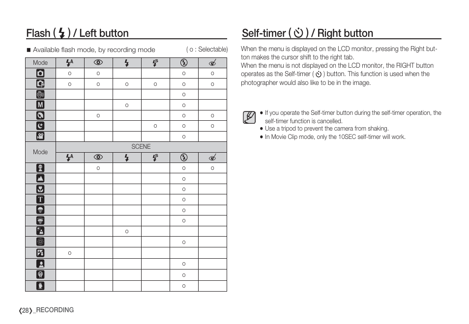 Self-timer ( ✢ ) / right button, Flash ( a ) / left button | Samsung EC-S85ZZBBA-SP User Manual | Page 29 / 110
