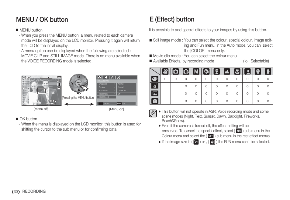 Menu / ok button, E (effect) button | Samsung EC-S85ZZBBA-SP User Manual | Page 31 / 110