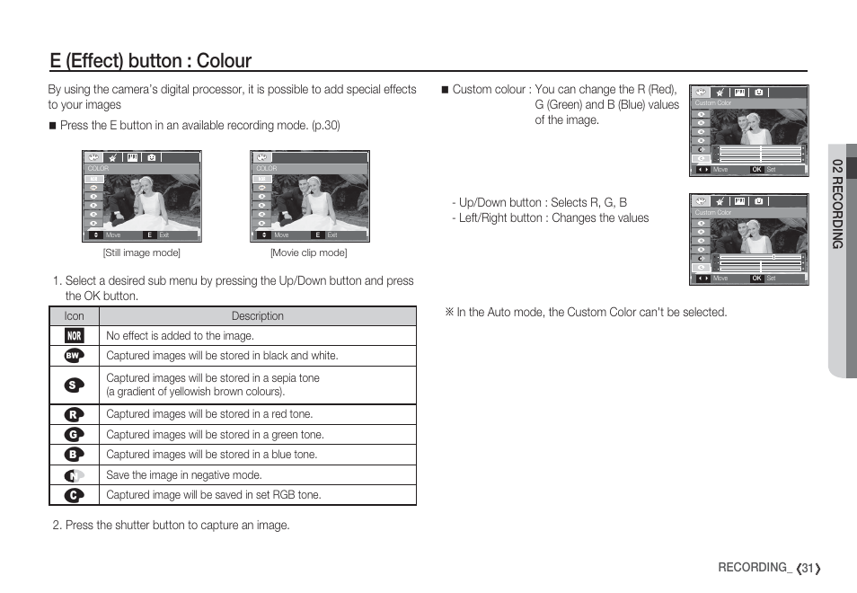 E (effect) button : colour, 02 recording | Samsung EC-S85ZZBBA-SP User Manual | Page 32 / 110