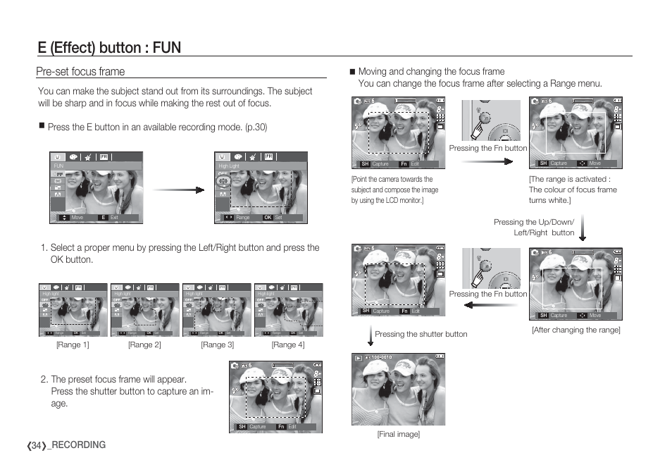 E (effect) button : fun, Pre-set focus frame, 34 _recording | Samsung EC-S85ZZBBA-SP User Manual | Page 35 / 110