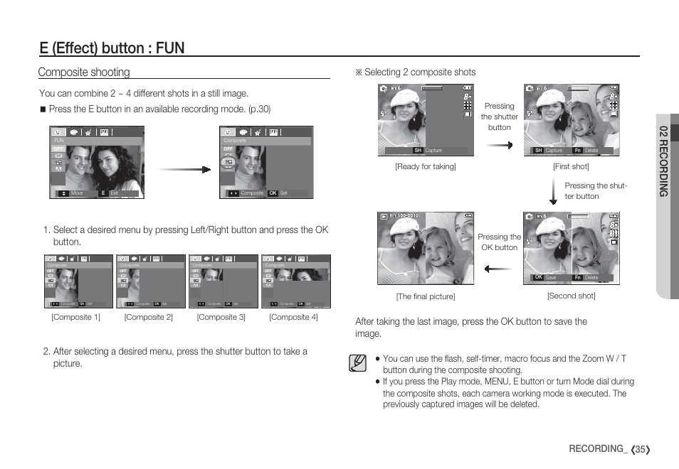 E (effect) button : fun, Composite shooting, 02 recording | 35 recording | Samsung EC-S85ZZBBA-SP User Manual | Page 36 / 110