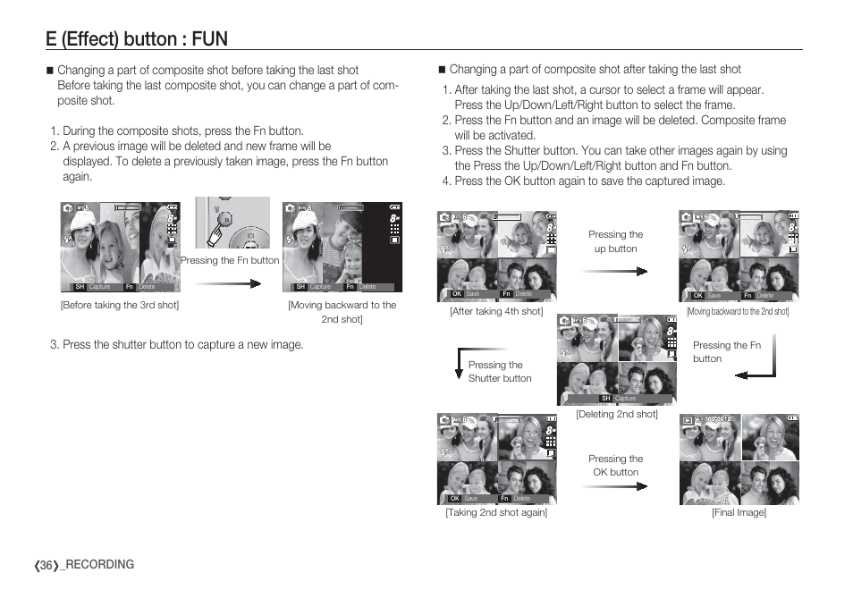 E (effect) button : fun, 36 _recording | Samsung EC-S85ZZBBA-SP User Manual | Page 37 / 110