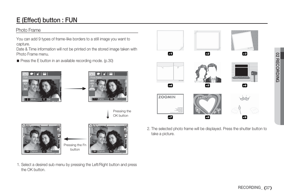 E (effect) button : fun, Photo frame, 02 recording | 37 recording | Samsung EC-S85ZZBBA-SP User Manual | Page 38 / 110