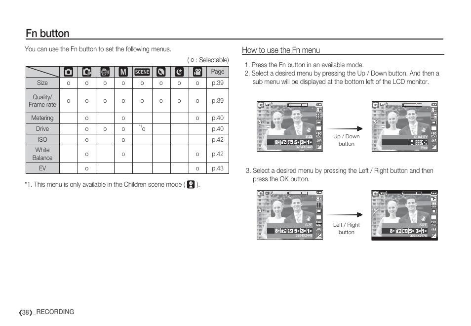 Fn button, How to use the fn menu | Samsung EC-S85ZZBBA-SP User Manual | Page 39 / 110