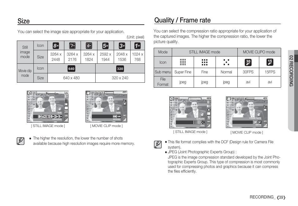 Size quality / frame rate, Vw x | Samsung EC-S85ZZBBA-SP User Manual | Page 40 / 110