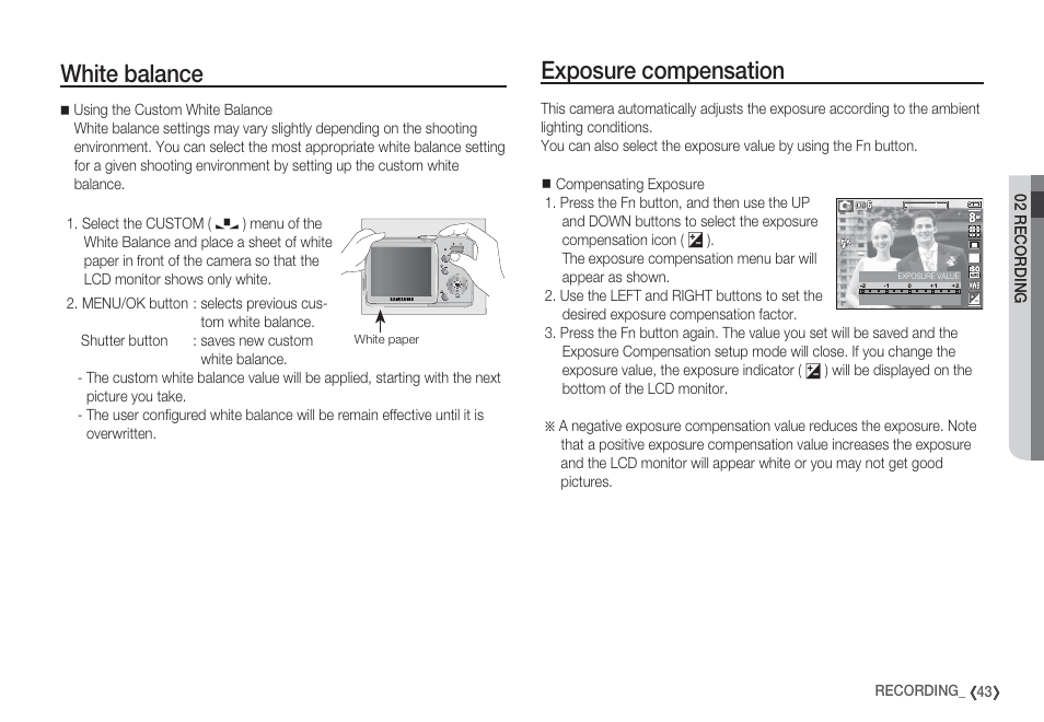 Exposure compensation, White balance | Samsung EC-S85ZZBBA-SP User Manual | Page 44 / 110