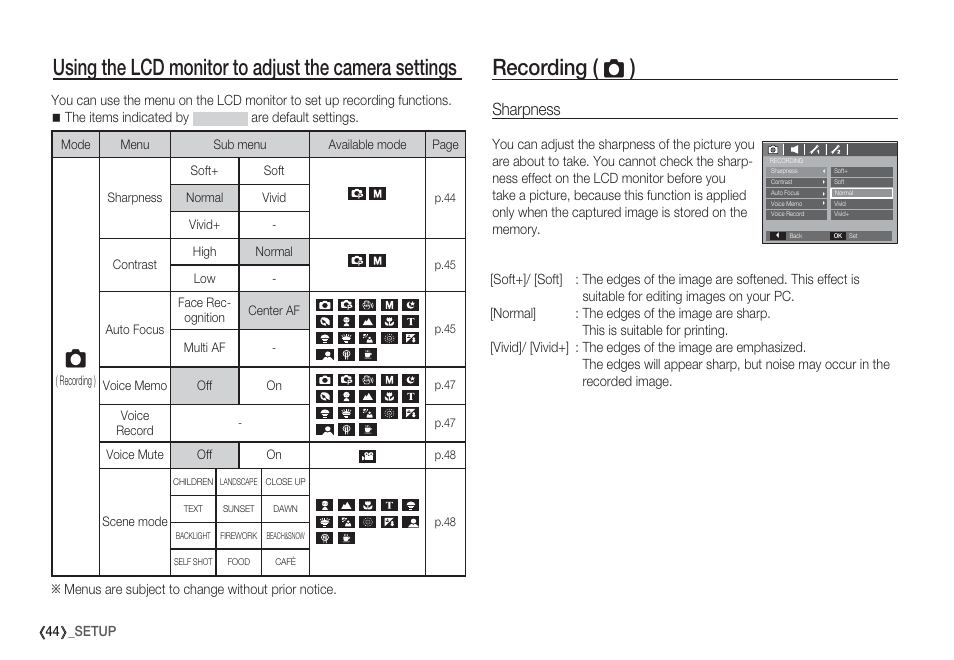Recording ( ò ), Sharpness | Samsung EC-S85ZZBBA-SP User Manual | Page 45 / 110