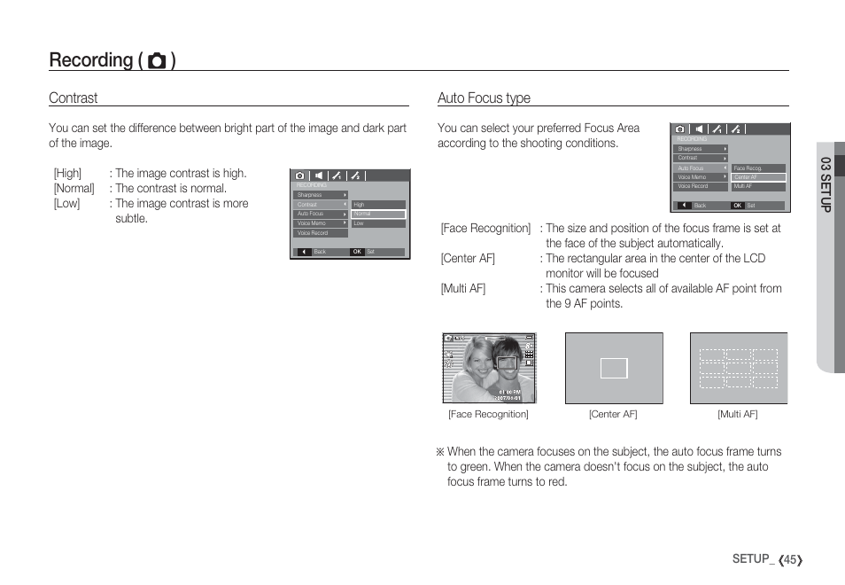 Recording ( ò ), Contrast auto focus type, 03 setup | Samsung EC-S85ZZBBA-SP User Manual | Page 46 / 110