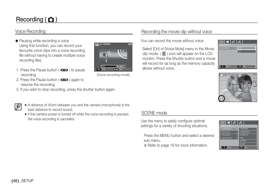 Recording ( ò ), Voice recording, Recording the movie clip without voice | Scene mode, 48 _setup | Samsung EC-S85ZZBBA-SP User Manual | Page 49 / 110
