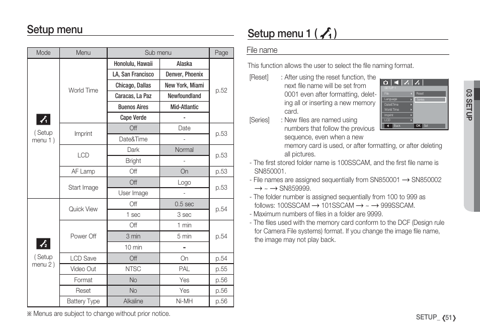 Setup menu 1 ( à ), Setup menu, File name | Samsung EC-S85ZZBBA-SP User Manual | Page 52 / 110