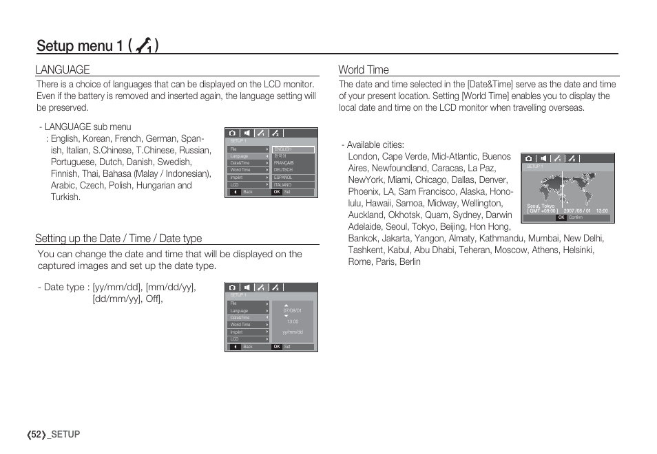 Setup menu 1 ( à ), Language setting up the date / time / date type, World time | 52 _setup | Samsung EC-S85ZZBBA-SP User Manual | Page 53 / 110