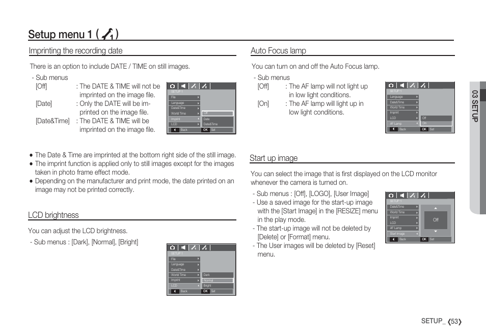 Setup menu 1 ( à ), Imprinting the recording date, Lcd brightness | Auto focus lamp, Start up image, 03 setup | Samsung EC-S85ZZBBA-SP User Manual | Page 54 / 110