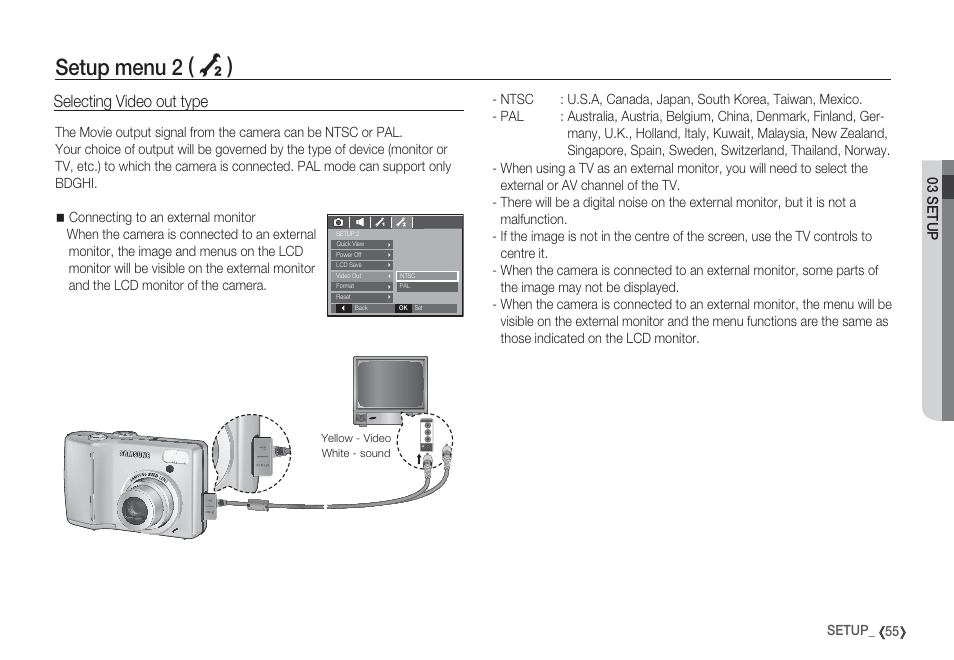 Setup menu 2 ( á ), Selecting video out type, 03 setup | Samsung EC-S85ZZBBA-SP User Manual | Page 56 / 110