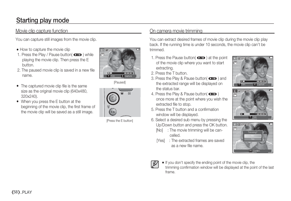 Starting play mode, Movie clip capture function, On camera movie trimming | Samsung EC-S85ZZBBA-SP User Manual | Page 59 / 110