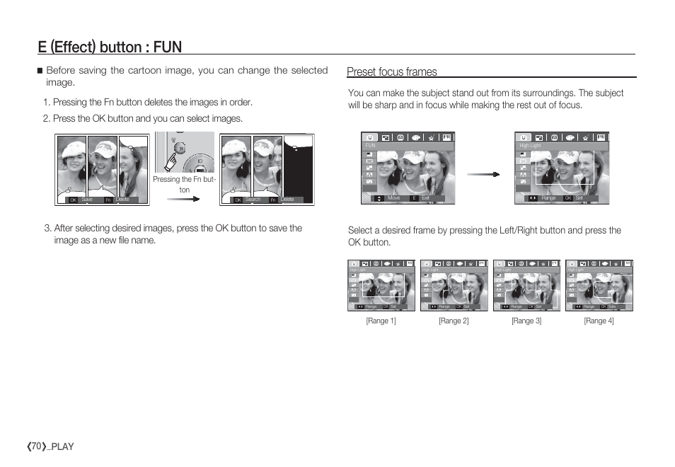 E (effect) button : fun, Preset focus frames, 70 _play | Samsung EC-S85ZZBBA-SP User Manual | Page 71 / 110