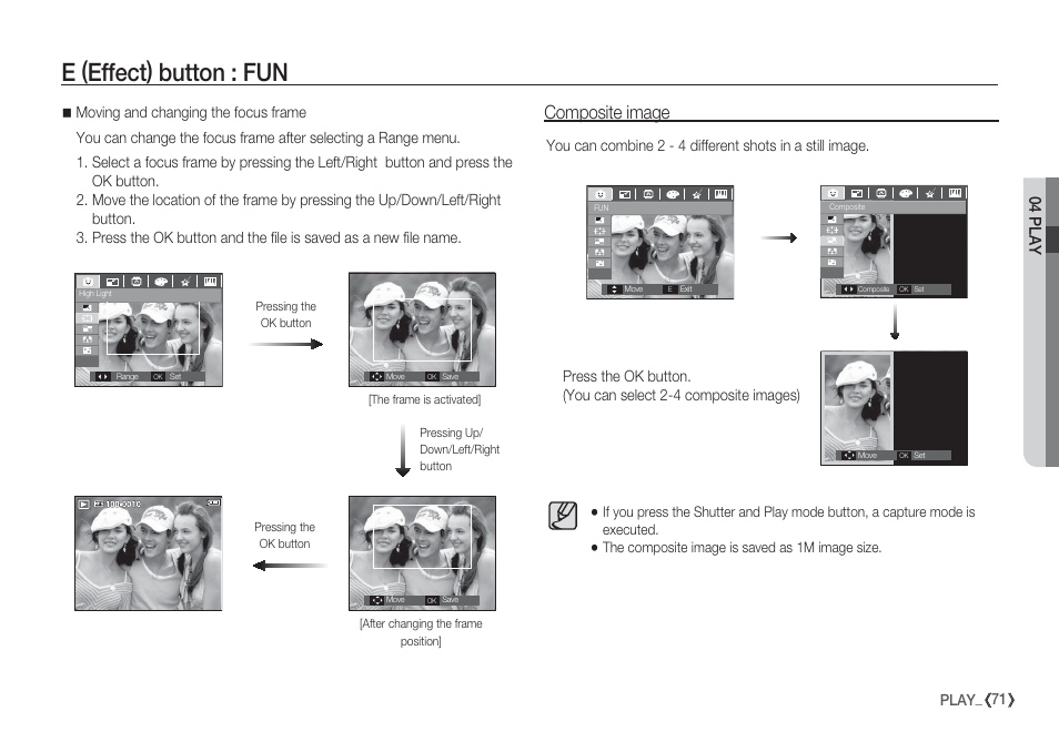 E (effect) button : fun, Composite image, 04 play | 71 play | Samsung EC-S85ZZBBA-SP User Manual | Page 72 / 110