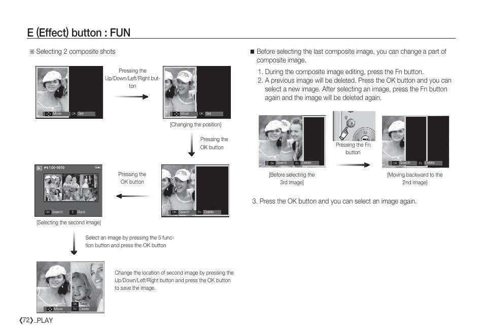 E (effect) button : fun, 72 _play, Ä selecting 2 composite shots | Samsung EC-S85ZZBBA-SP User Manual | Page 73 / 110