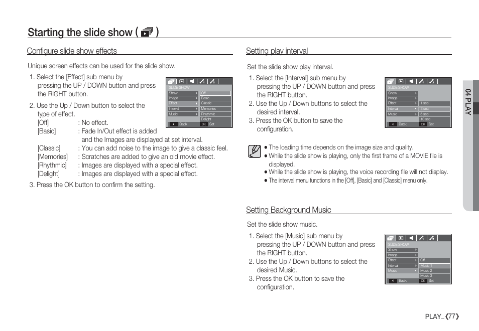 Starting the slide show ( ❸ ), 04 play | Samsung EC-S85ZZBBA-SP User Manual | Page 78 / 110
