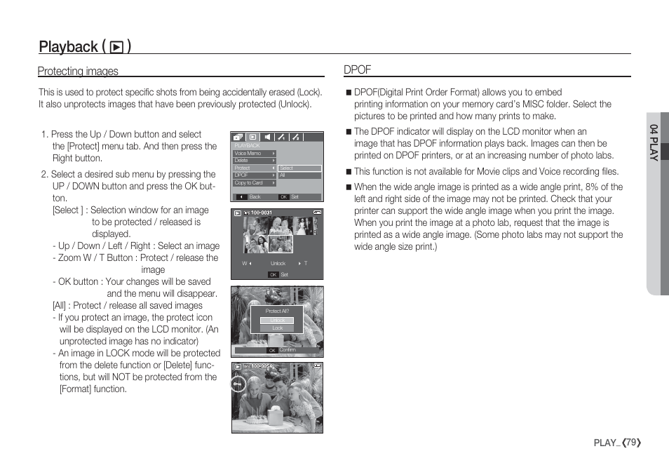 Playback ( ø ), Protecting images, Dpof | 04 play | Samsung EC-S85ZZBBA-SP User Manual | Page 80 / 110