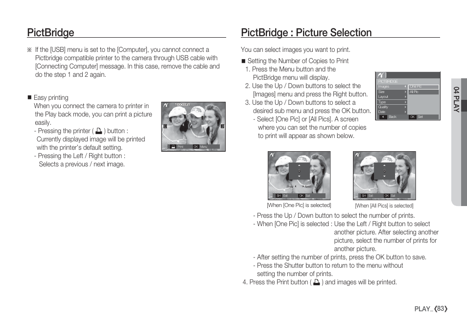 Pictbridge pictbridge : picture selection, 04 play | Samsung EC-S85ZZBBA-SP User Manual | Page 84 / 110