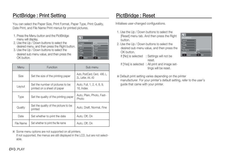 Pictbridge : print setting pictbridge : reset, 84 _play | Samsung EC-S85ZZBBA-SP User Manual | Page 85 / 110