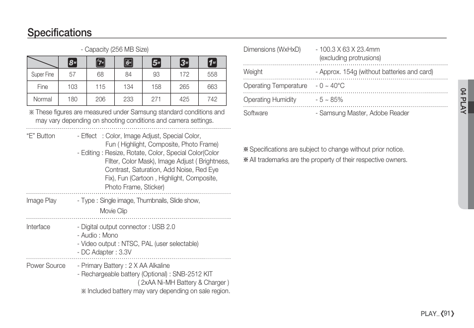 Specifications | Samsung EC-S85ZZBBA-SP User Manual | Page 92 / 110