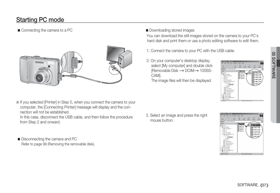 Starting pc mode | Samsung EC-S85ZZBBA-SP User Manual | Page 98 / 110