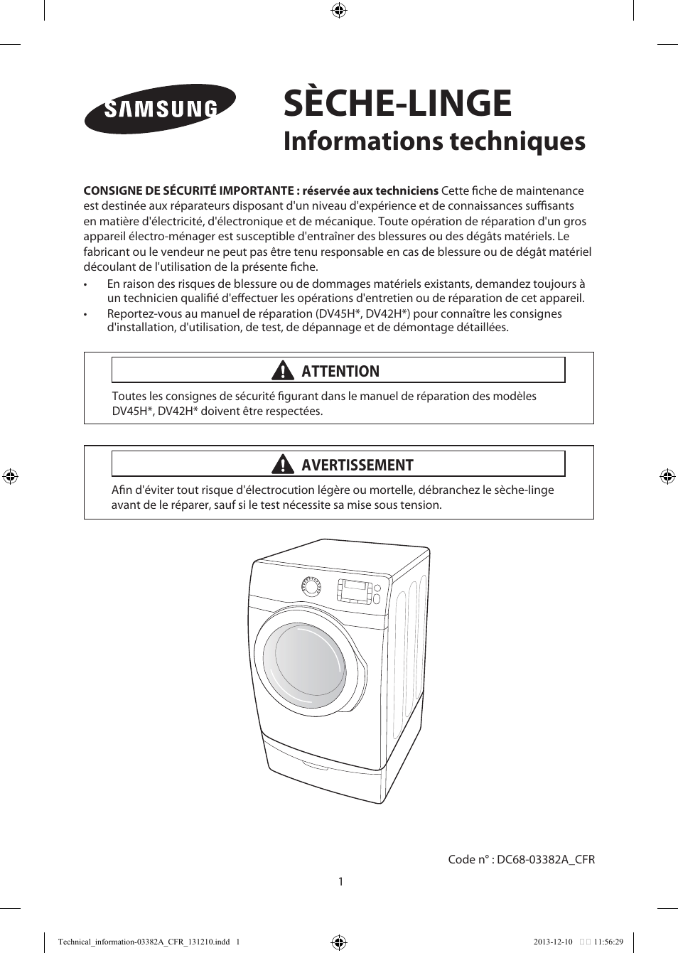 Sèche-linge, Informations techniques | Samsung DV42H5200EF-A3 User Manual | Page 13 / 36