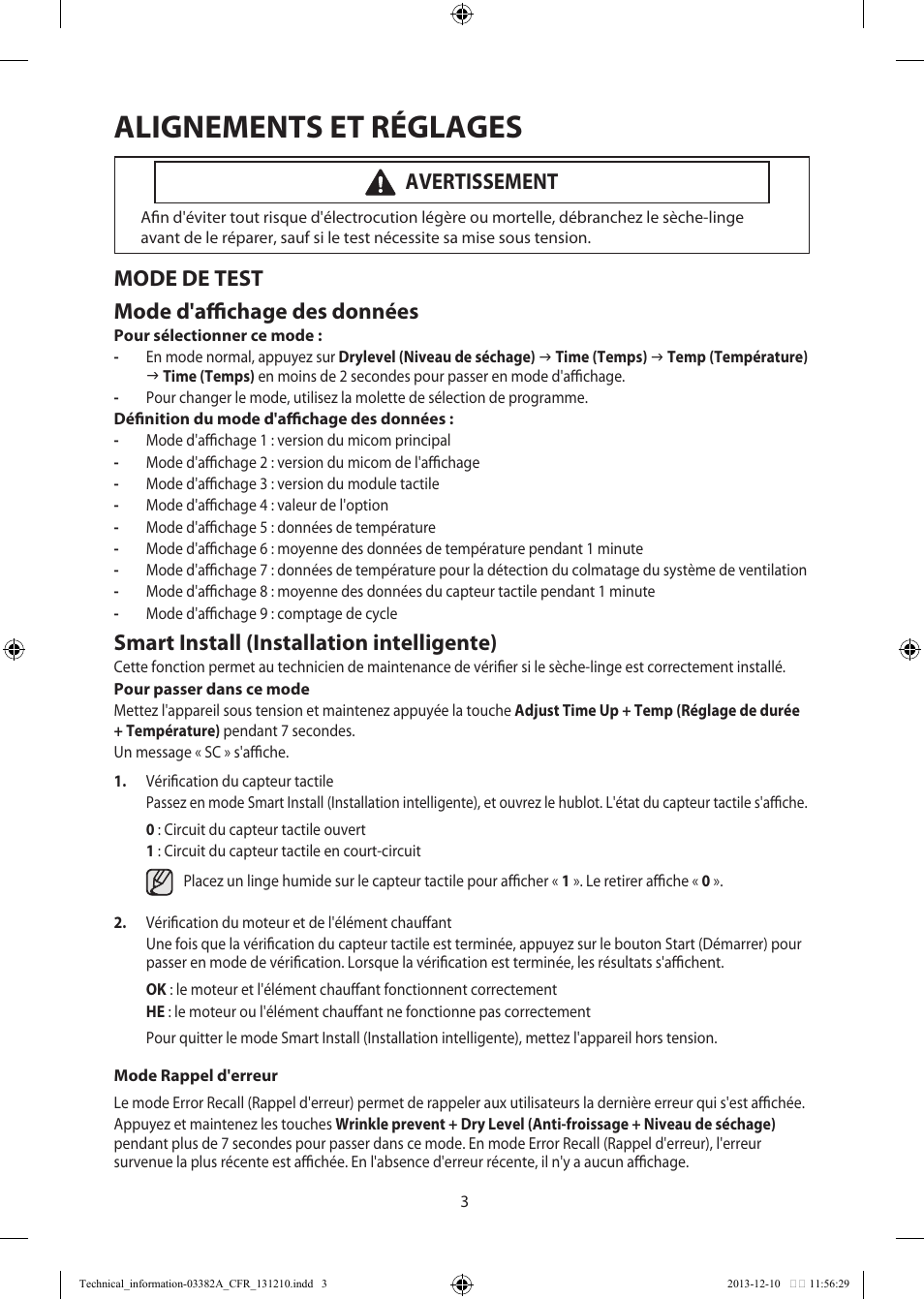 Alignements et réglages, Mode de test mode d'affichage des données, Smart install (installation intelligente) | Avertissement | Samsung DV42H5200EF-A3 User Manual | Page 15 / 36