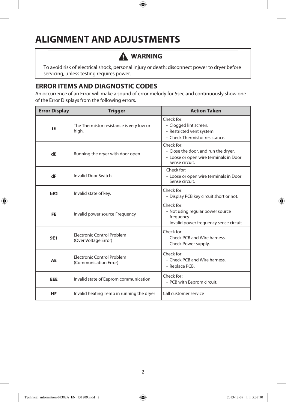 Alignment and adjustments, Error items and diagnostic codes, Warning | Samsung DV42H5200EF-A3 User Manual | Page 2 / 36