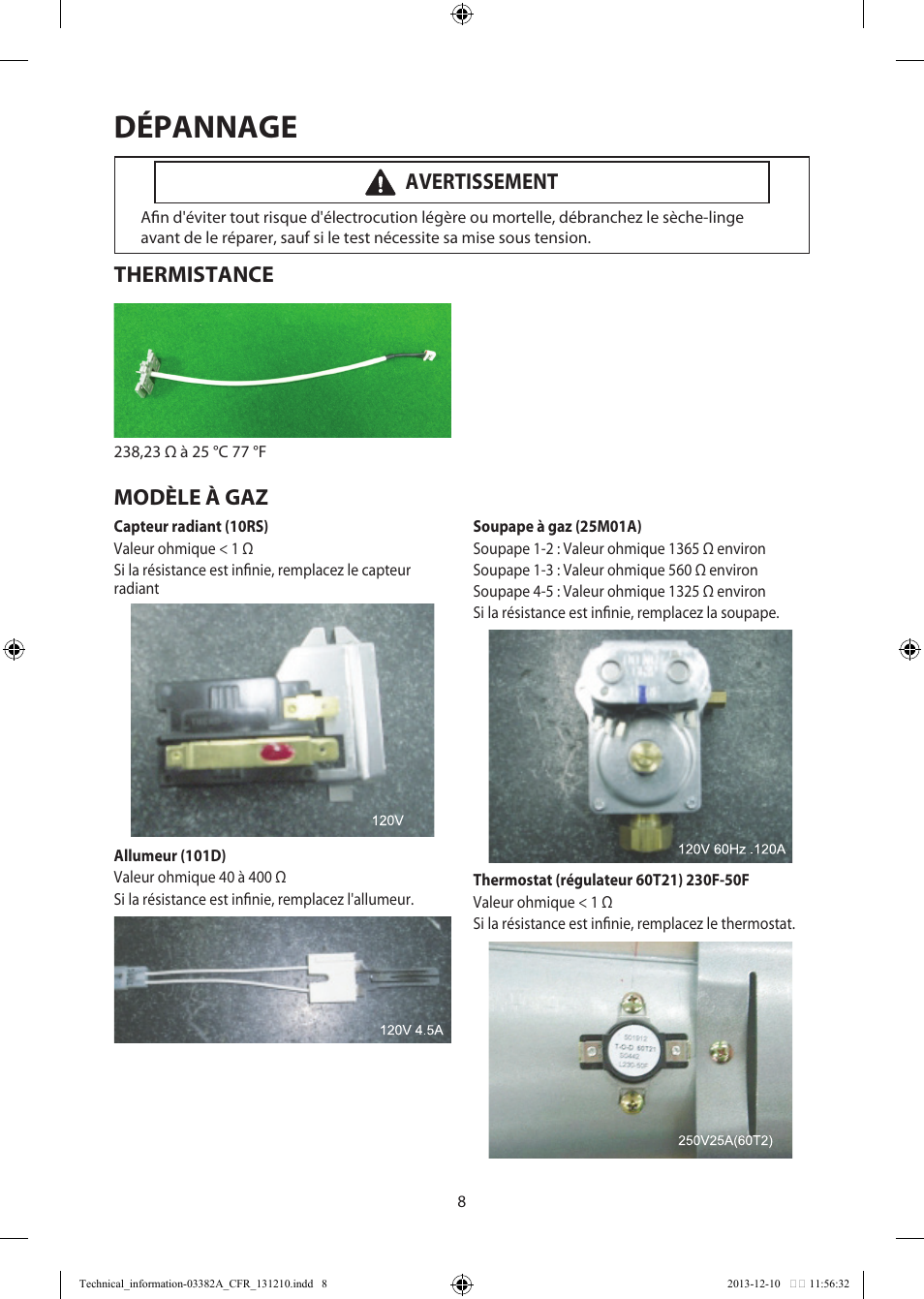 Dépannage, Modèle à gaz, Thermistance | Avertissement | Samsung DV42H5200EF-A3 User Manual | Page 20 / 36