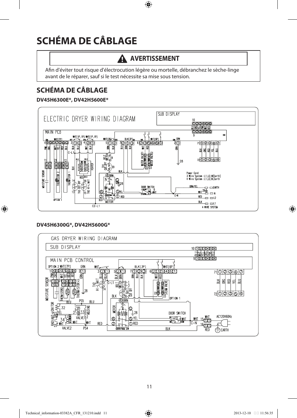 Schéma de câblage, Avertissement | Samsung DV42H5200EF-A3 User Manual | Page 23 / 36