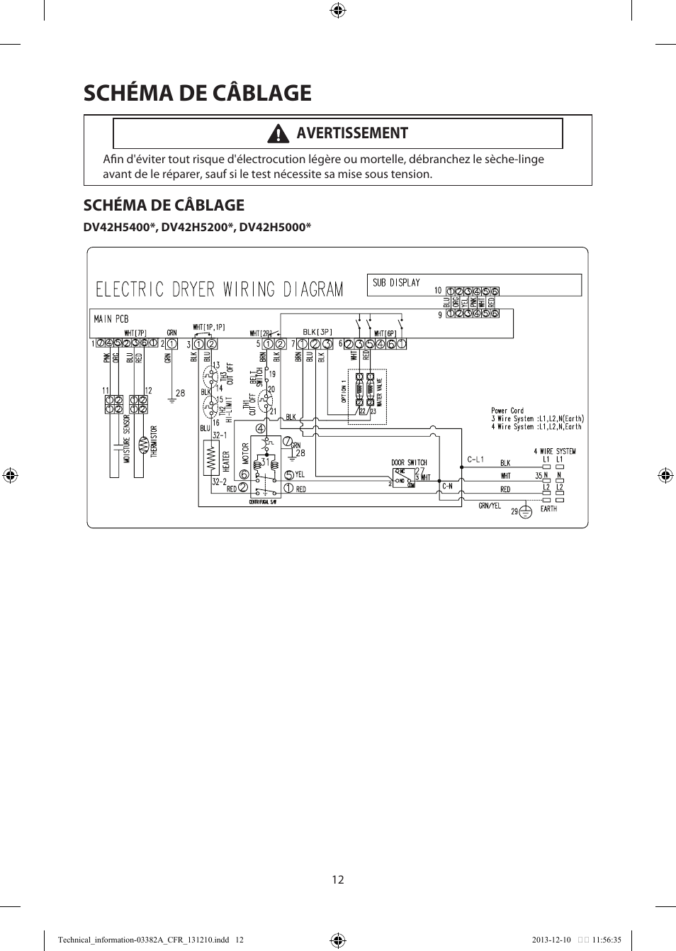 Schéma de câblage, Avertissement | Samsung DV42H5200EF-A3 User Manual | Page 24 / 36