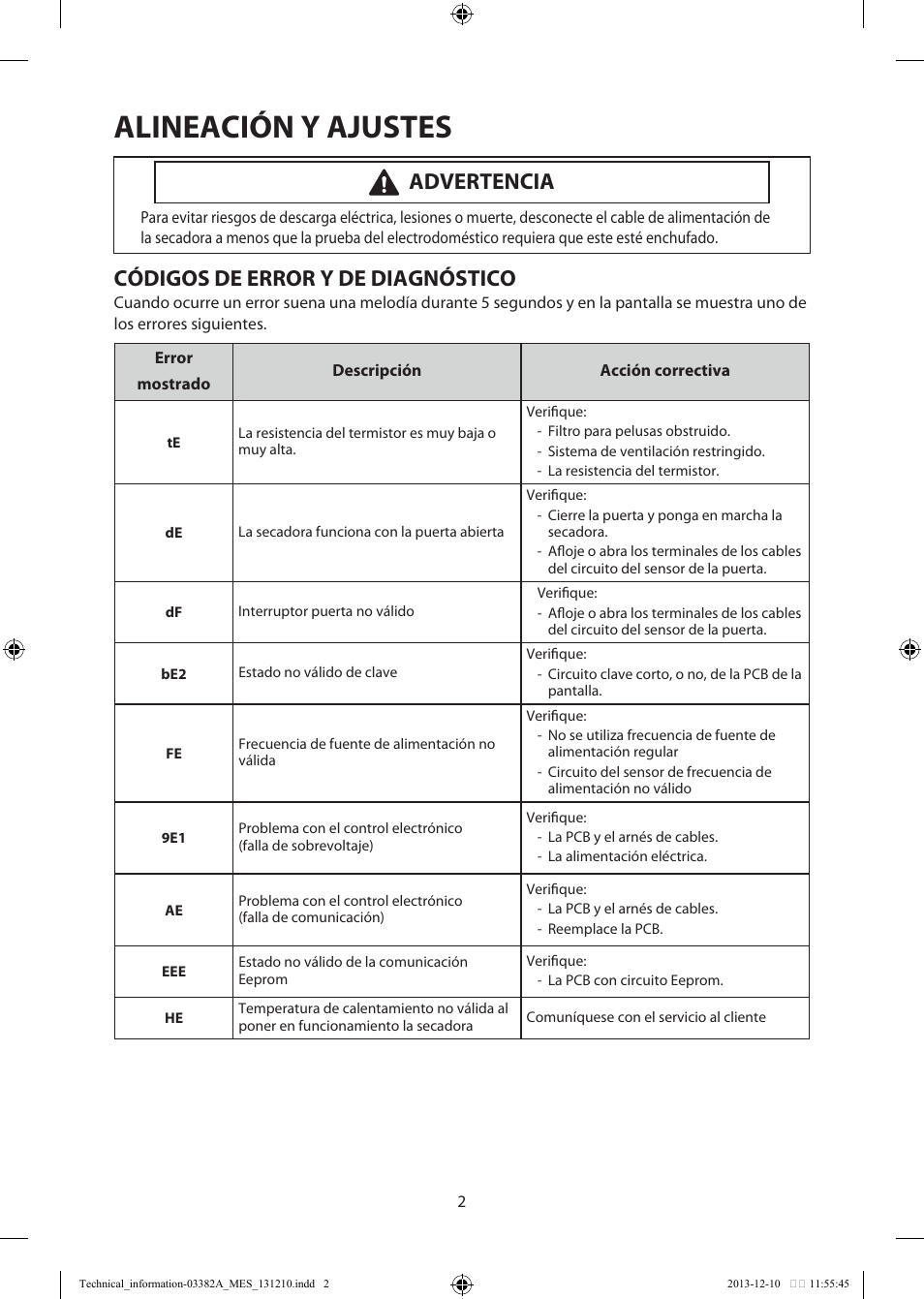 Alineación y ajustes, Códigos de error y de diagnóstico, Advertencia | Samsung DV42H5200EF-A3 User Manual | Page 26 / 36
