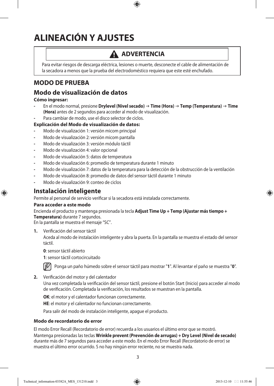 Alineación y ajustes, Modo de prueba modo de visualización de datos, Instalación inteligente | Advertencia | Samsung DV42H5200EF-A3 User Manual | Page 27 / 36