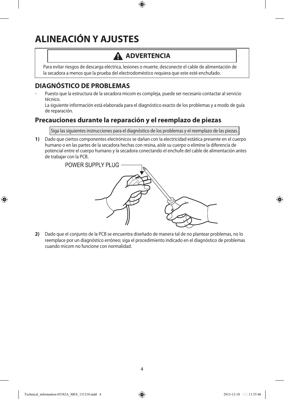 Alineación y ajustes, Advertencia, Diagnóstico de problemas | Samsung DV42H5200EF-A3 User Manual | Page 28 / 36