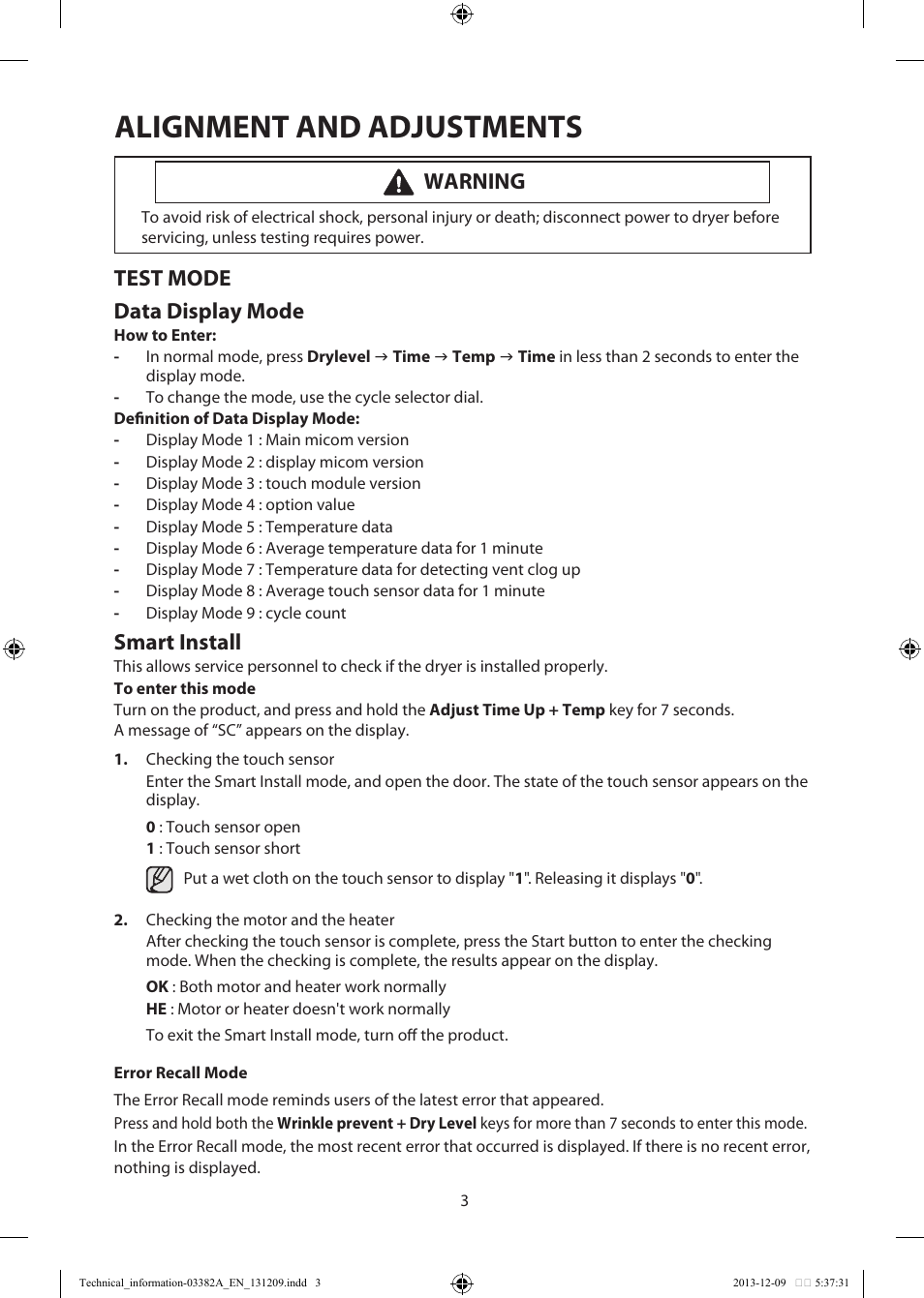Alignment and adjustments, Test mode data display mode, Smart install | Warning | Samsung DV42H5200EF-A3 User Manual | Page 3 / 36