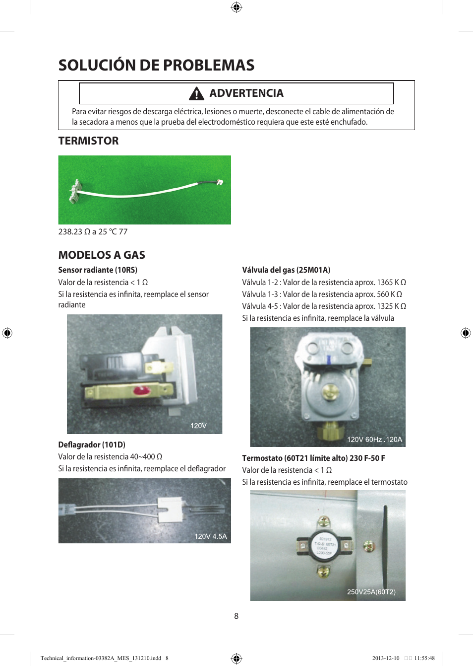 Solución de problemas, Modelos a gas, Termistor | Advertencia | Samsung DV42H5200EF-A3 User Manual | Page 32 / 36
