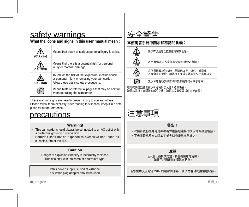 Safety warnings, Precautions, 安全警告 | 注意事項 | Samsung SC-D383-XAP User Manual | Page 3 / 111