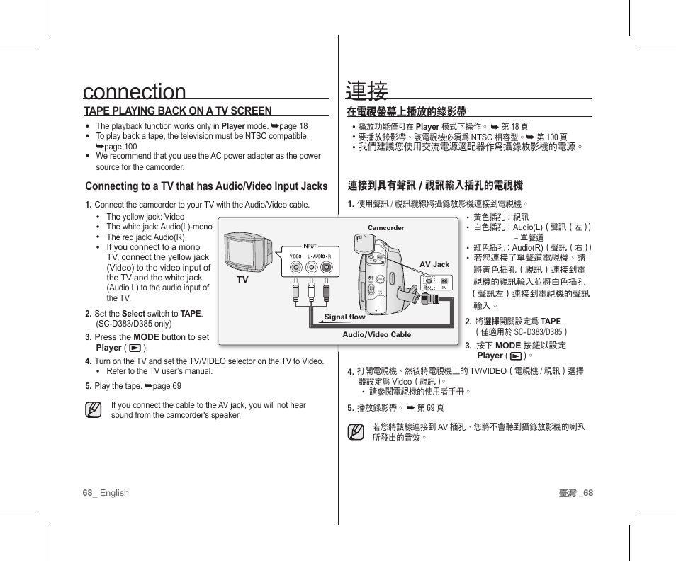 Connection, 在電視螢幕上播放的錄影帶, 連接到具有聲訊 / 視訊輸入插孔的電視機 | Tape playing back on a tv screen | Samsung SC-D383-XAP User Manual | Page 72 / 111