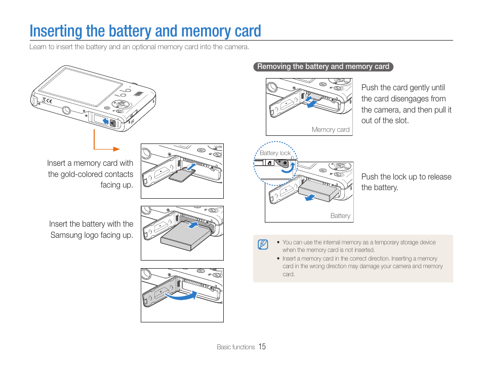 Inserting the battery and memory card | Samsung EC-PL210ZBPUUS User Manual | Page 16 / 115