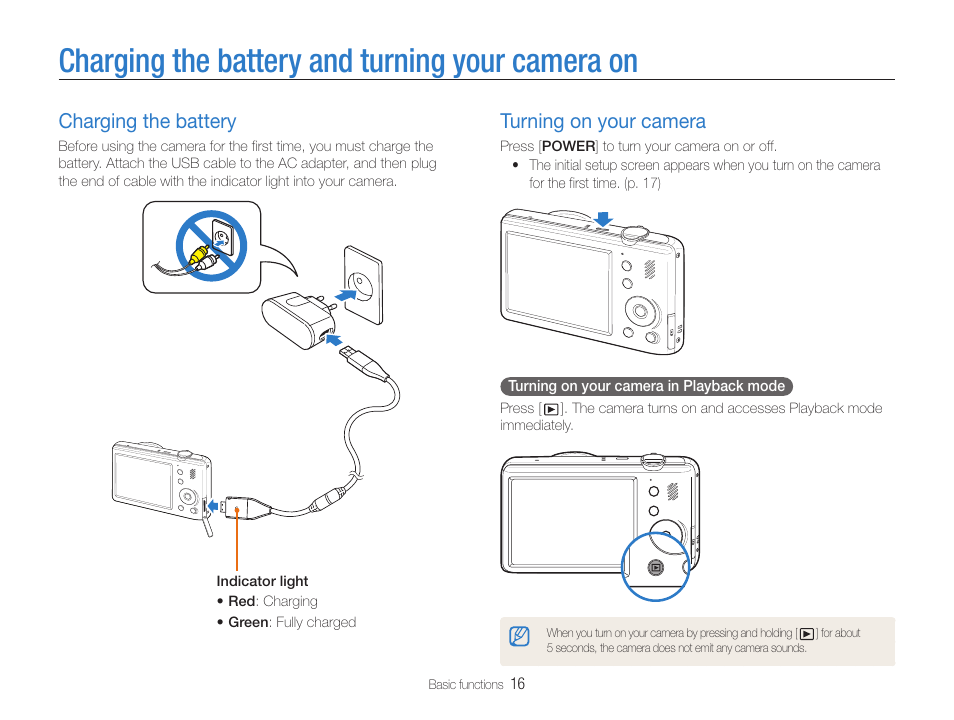 Charging the battery and turning your camera on, Charging the battery, Turning on your camera | Samsung EC-PL210ZBPUUS User Manual | Page 17 / 115