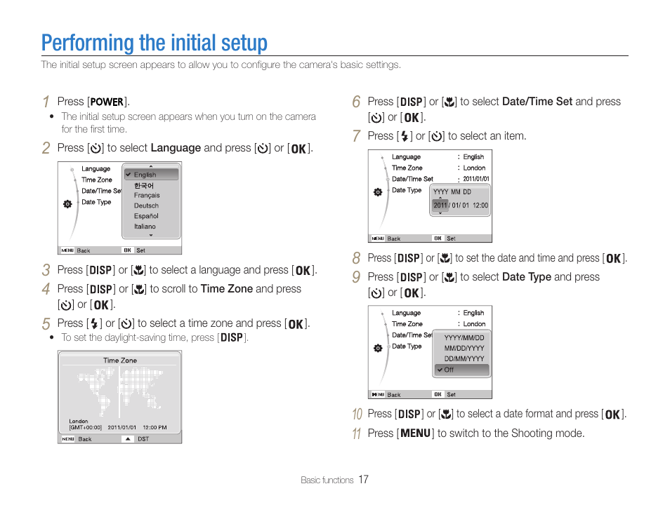 Performing the initial setup | Samsung EC-PL210ZBPUUS User Manual | Page 18 / 115