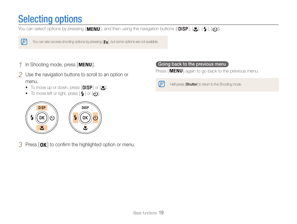 Selecting options | Samsung EC-PL210ZBPUUS User Manual | Page 20 / 115