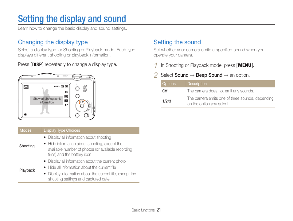 Setting the display and sound, Changing the display type, Setting the sound | Samsung EC-PL210ZBPUUS User Manual | Page 22 / 115