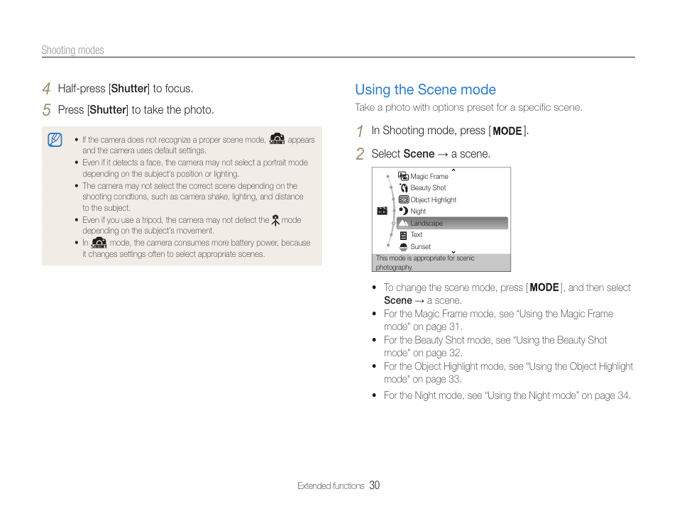 Using the scene mode, Using the scene mode ……………………………… 30 | Samsung EC-PL210ZBPUUS User Manual | Page 31 / 115