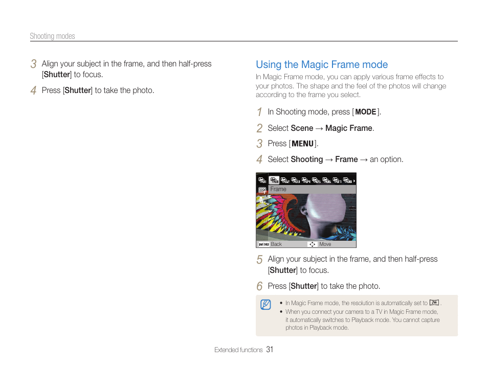 Using the magic frame mode, Using the magic frame mode ……………………… 31 | Samsung EC-PL210ZBPUUS User Manual | Page 32 / 115
