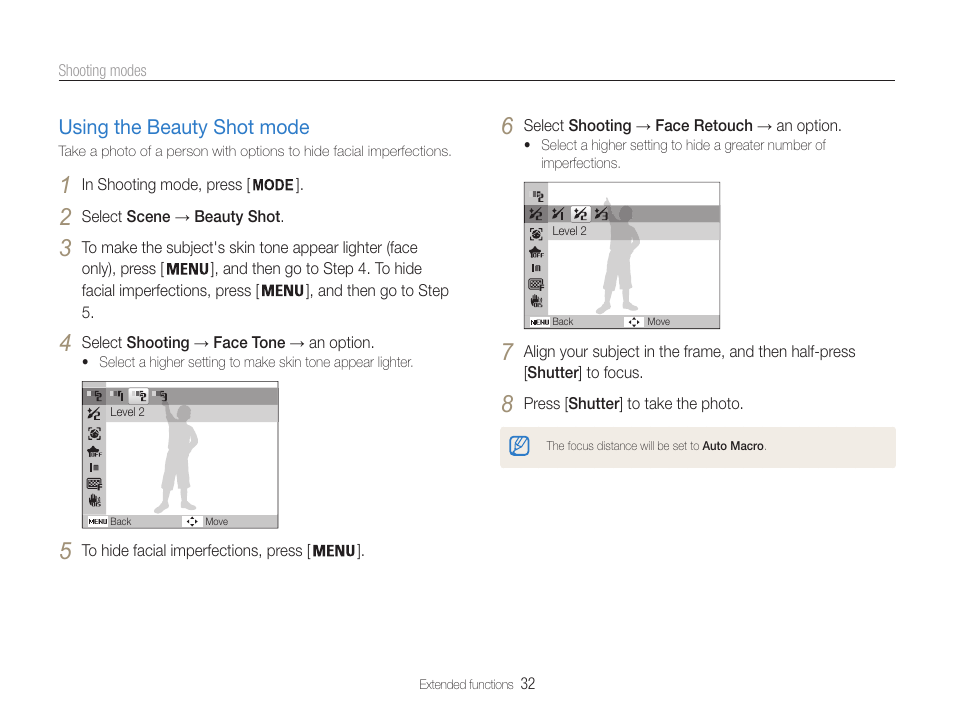 Using the beauty shot mode, Using the beauty shot mode ……………………… 32 | Samsung EC-PL210ZBPUUS User Manual | Page 33 / 115