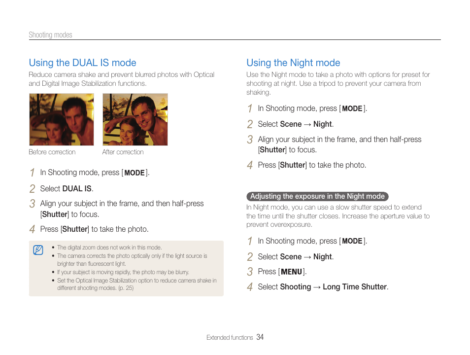 Using the dual is mode, Using the night mode | Samsung EC-PL210ZBPUUS User Manual | Page 35 / 115